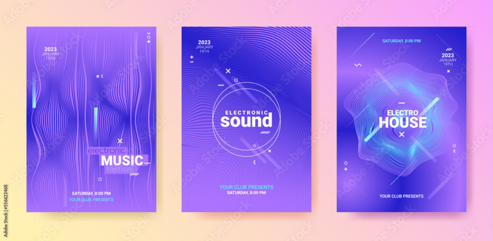 Dance Music Flyer Set. Electronic Party Poster. Abstract Edm Background. Gradient Wave Round. Blue Purple Dance Music Flyer. Technology Fest Illustration. Techno Sound Cover. Dance Music Flyer.