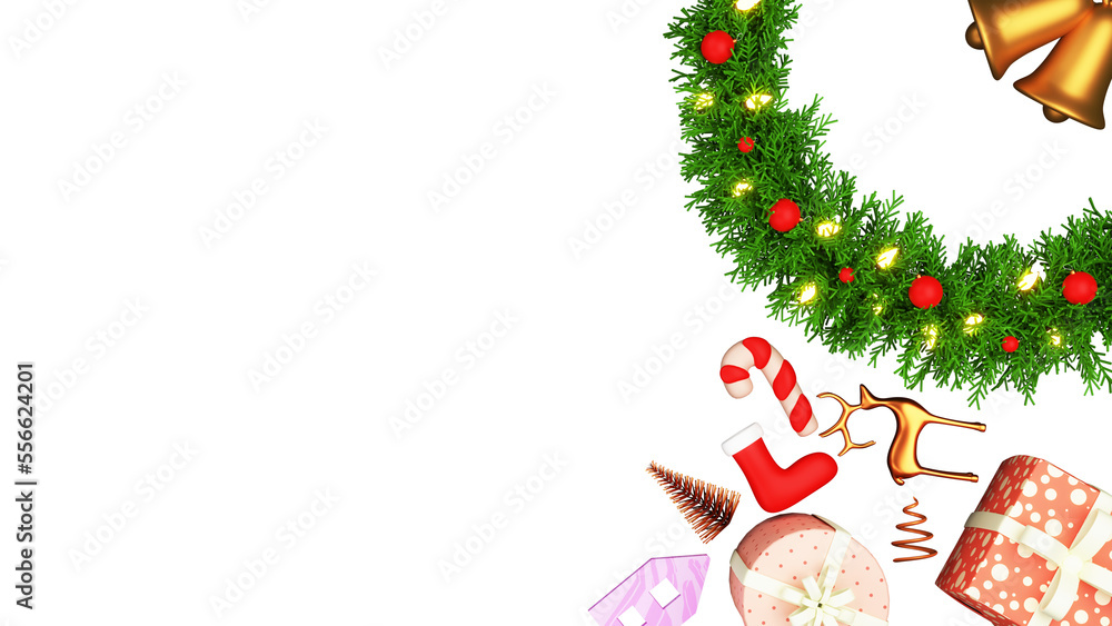 3D Render Top View Of Christmas Festival Elements Decorated Background.