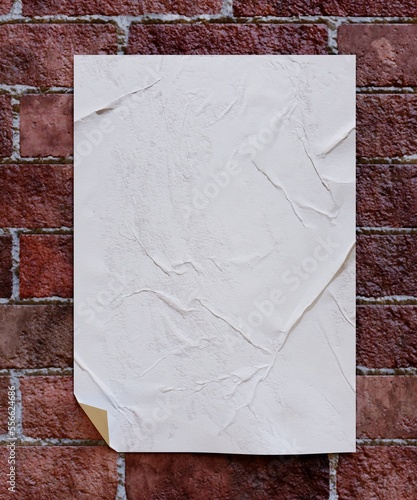 Blank poster glued on brick wall in close up for mock up, 3d render