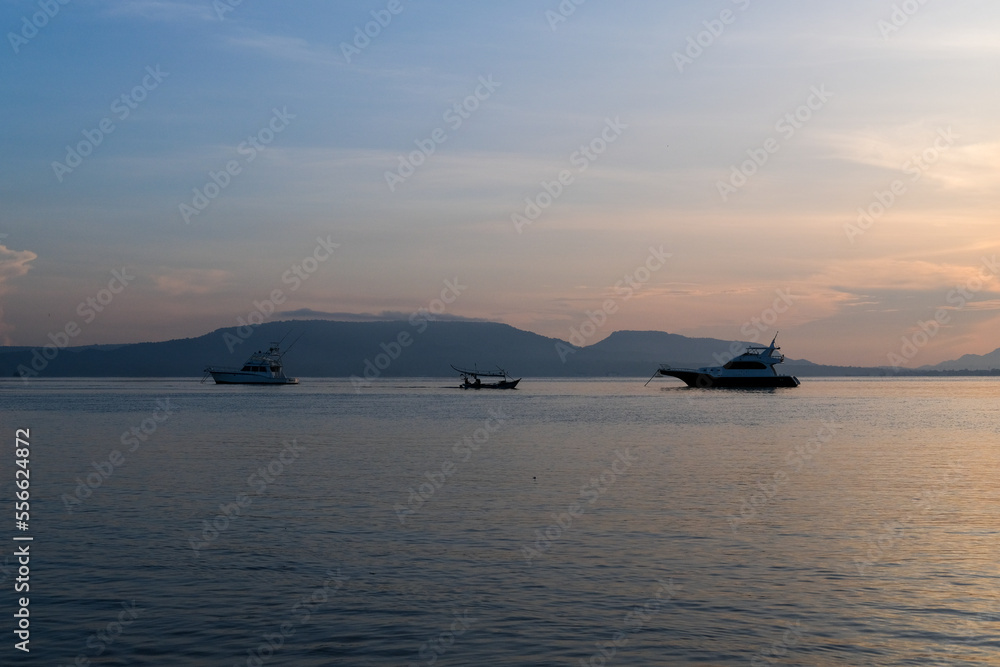 boat at sunrise, boat on the sea, speed boat