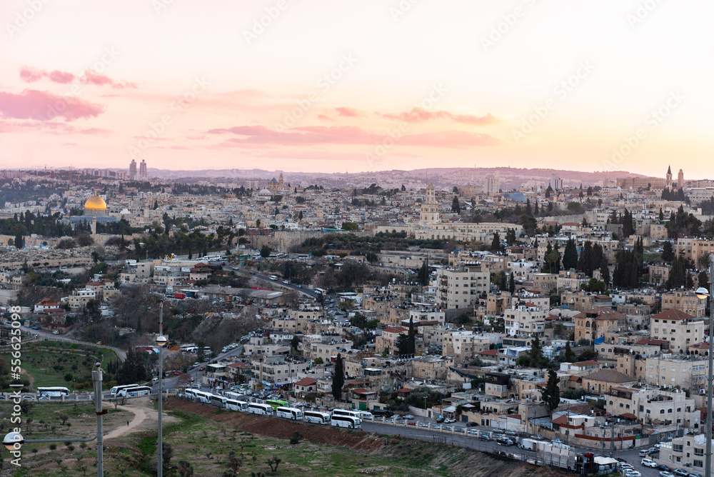 Jerusalem Cityscape in Israel. Sunset time and Jerusalem old town in Background