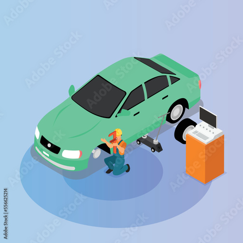 Workers repairing and testing the car isometric 3d vector illustration concept for banner, website, illustration, landing page, flyer, etc.
