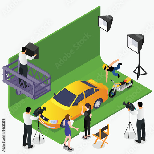 Action movie filming on green screen isometric 3d vector illustration concept for banner, website, illustration, landing page, flyer, etc.
