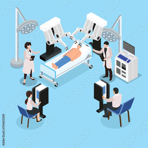 Robotic surgery with futuristic hospital room isometric 3d vector illustration concept for banner, website, illustration, landing page, flyer, etc.