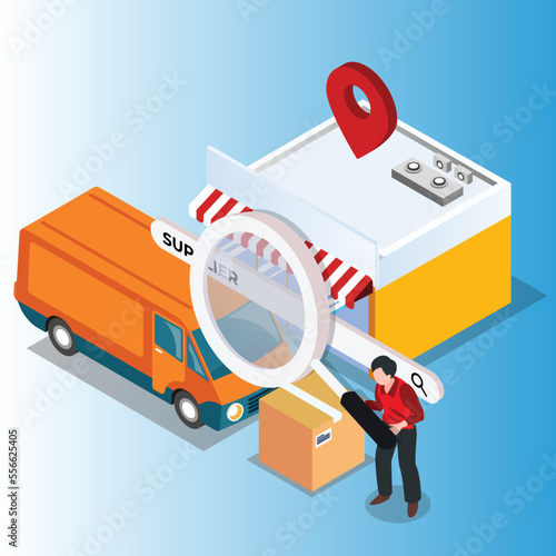 Dropshipper holding magnifying glass isometric 3d vector illustration concept for banner, website, illustration, landing page, flyer, etc.
