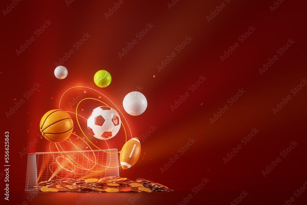 3d sport rendering. background for a sports game. 3d illustration. realistic abstract backdrop. ball object. copy space. tennis soccer basketball golf rugby volleyball elements. neon concept design.