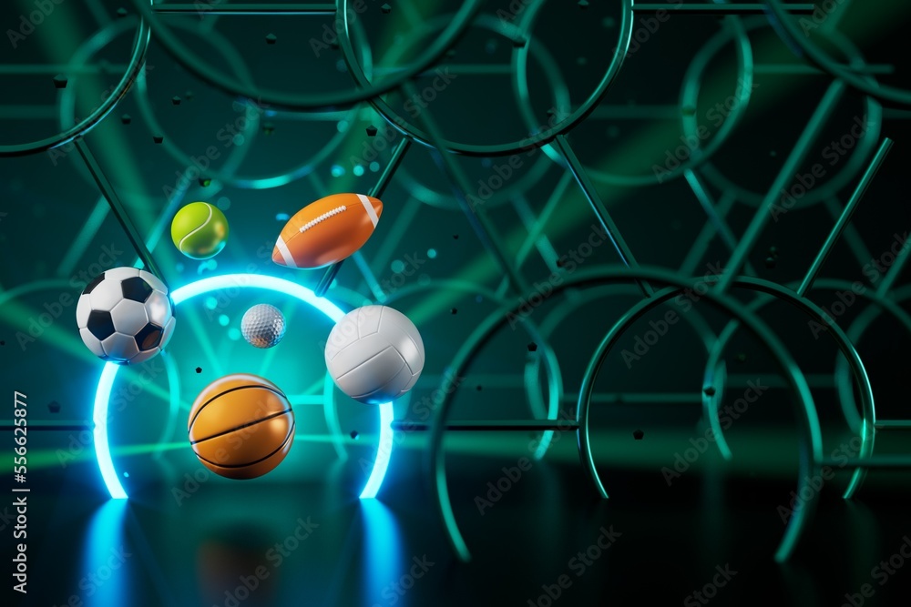 3d sport rendering. background for a sports game. 3d illustration. realistic abstract backdrop. ball object. copy space. tennis soccer basketball golf rugby volleyball elements. neon concept design.