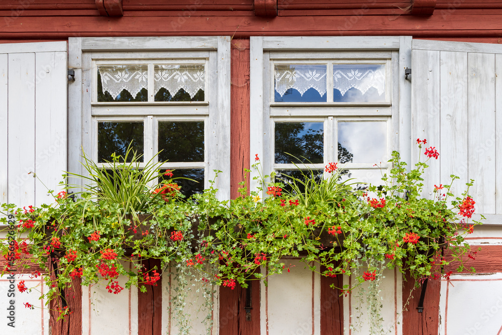 Old Window with flower pots and herbs in Vessra Abbey in Kloster Vessra, Thuringia in Germany