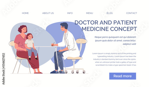 Pediatrics concept, healthy childhood. Doctor is talking to mother holding child in her arms. Planned medicine. Website, template, landing page. Characters of illustration flat cartoon vector.