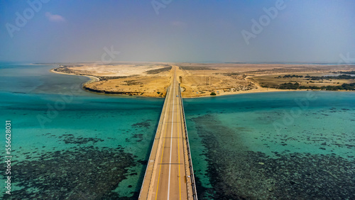 Saudi Arabia, Jazan Province, Aerial view of bridge linking two islands in Farasan Islands archipelago photo