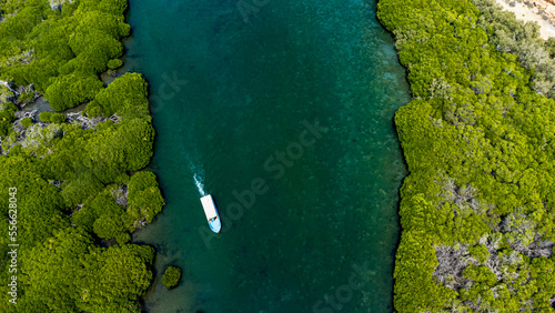 Saudi Arabia, Jazan Province, Aerial view of boat sailing through mangrove forest in Farasan Islands archipelago photo