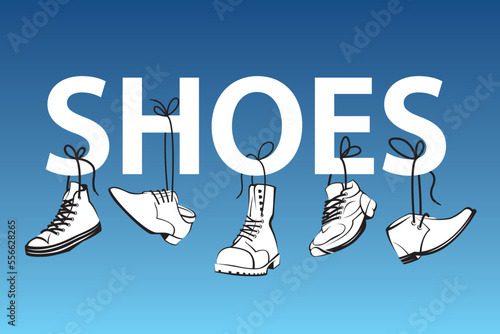 collection of shoes hanging on shoelaces isolated on blue background