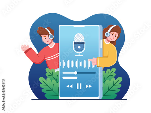 Person together listening music or audiobook or podcast with headphones and a smartphone.
People with phone enjoying music.
Can be used for web, personal project, apps, animation, landing page, etc
