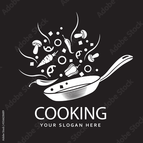 cooking process of vegetables on pan isolated on black background