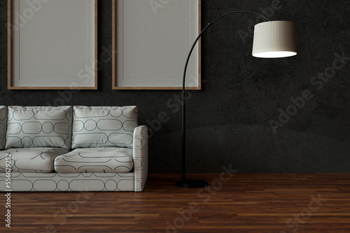 Three dimensional render of floor lamp standing beside white sofa photo