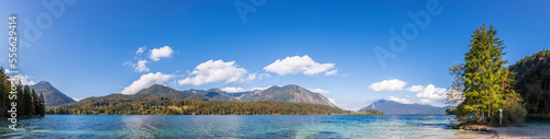 Germany, Bavaria, Panoramic view of Walchensee lake with Simetsberg, Jochberg, Heimgarten and Herzogstand mountains in background