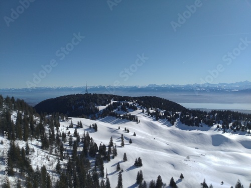 Vue sur la chaine du Mont Blanc depuis le massif de la Dôle - Jura - Suisse 