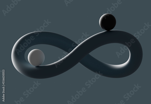 Three dimensional render of two spheres balancing on infinity symbol