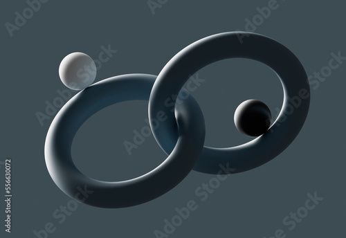 Three dimensional render of two spheres balancing on interlocked circles