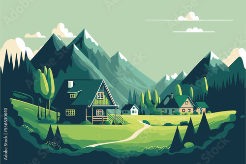 mountain green field alpine landscape nature with wooden houses