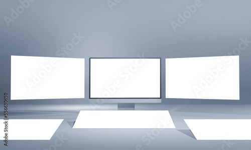 3D Render Desktop With Blank Floating Screens Mockup On Slate Background.