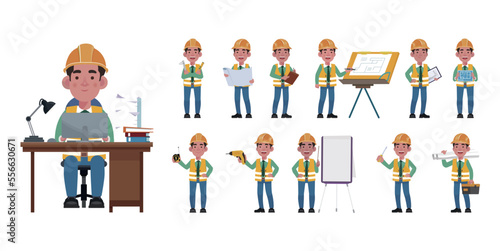 Set of flat engineer with different poses