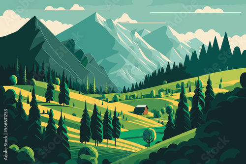mountain green field alpine landscape nature with wooden houses