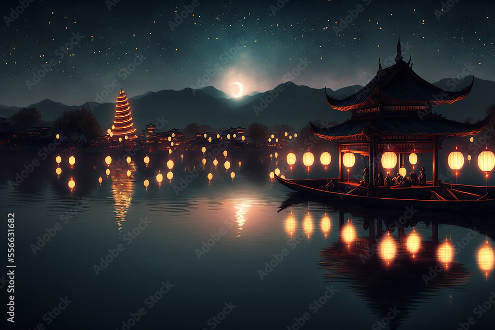 Obraz premium houses on both sides of the lake, crowds watching the lantern festival, lights, stars flashing, calm lake, arch bridge. Generative AI