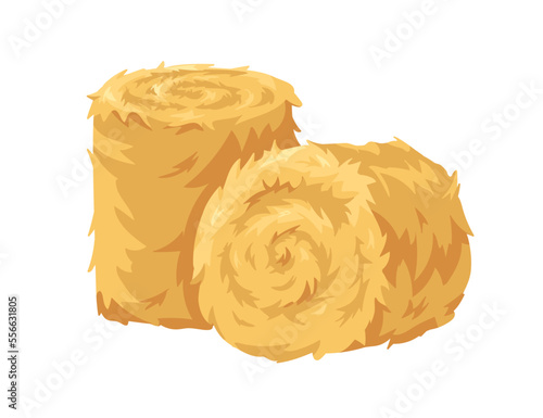 Hay rolls, bales of round shape. Gold straw, dry golden grass stacks, heaps. Agriculture fodder, circle haystacks of yellow colza, farm forage. Flat vector illustration isolated on white background