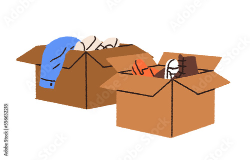 Boxes with stuff. Cardboard packages with clothes, apparel, wearing, shoes, footwear, packed for storage, moving. Personal wardrobe in cartons. Flat vector illustration isolated on white background