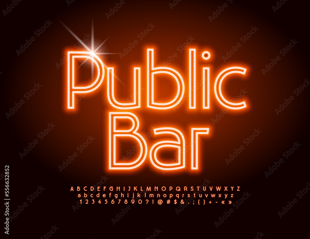 Vector neon sign Public Bar. Modern glowing Font. Stylish Alphabet Letters and Numbers set Vector neon sign Public Bar. Modern glowing Font. Stylish Alphabet Letters and Numbers set