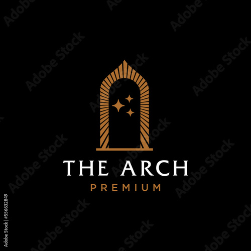 mystic doorway logo, antique arch architecture entrance and stairway icon, with door, window and palm trees in contemporary aesthetic boho style