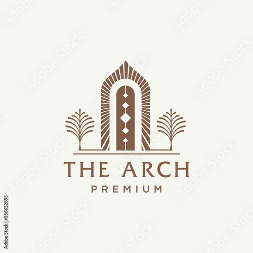 mystic doorway logo, antique arch architecture entrance and stairway icon, with door, window and palm trees in contemporary aesthetic boho style