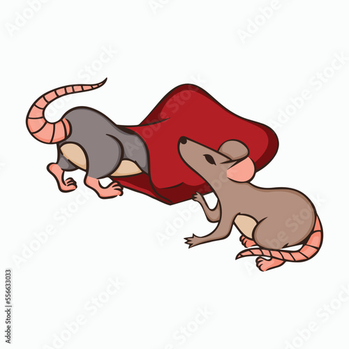 Vector illustration of two cute rats. Concept for design of sites menus brochures posters cards. Image of mice with bag isolated on white background. Design element
