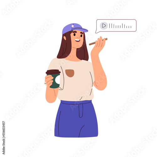 Person recording voice message, sound with mobile smart phone. Woman talking, speaking to smartphone. Audio communication, conversation concept. Flat vector illustration isolated on white background