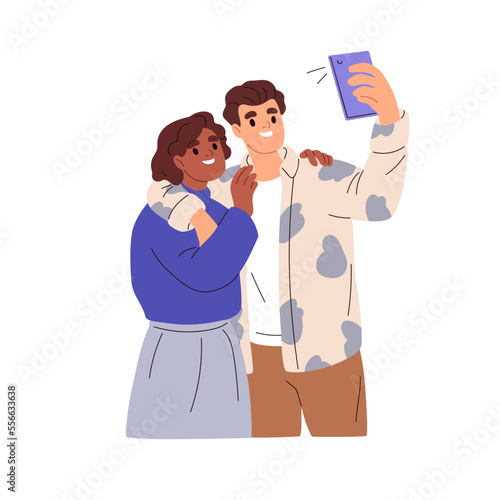 Happy love couple taking photo, selfie with mobile phone. Young man and woman, self portrait on smartphone. Biracial people shooting. Flat graphic vector illustration isolated on white background