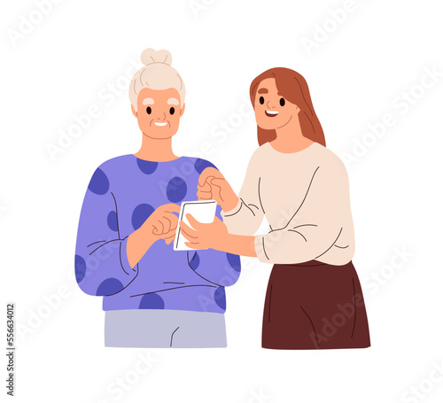 Young woman helping senior old grandmother to use mobile phone, modern technology. Daughter teaching aged elderly mother with smartphone. Flat graphic vector illustration isolated on white background