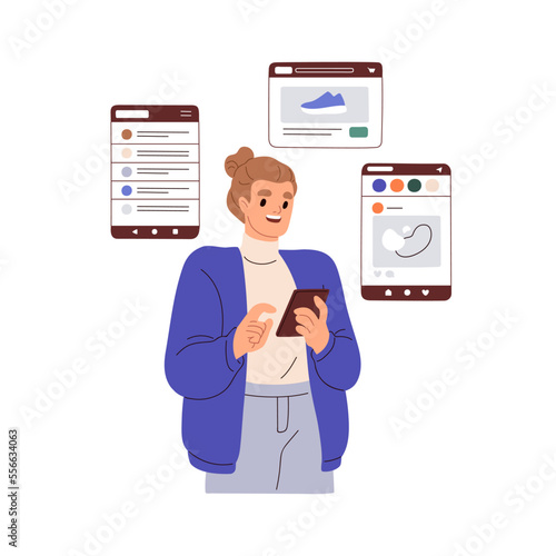 Using different mobile apps concept. Person surfing internet, social media, network, shopping online. Woman uses smartphone applications. Flat vector illustration isolated on white background