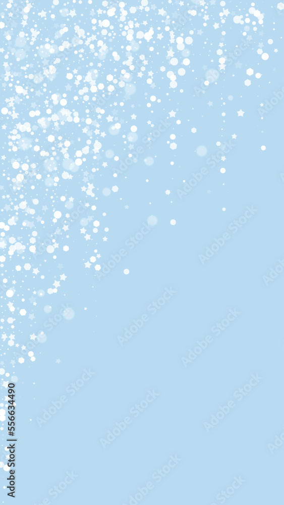 Beautiful snowfall christmas background. Subtle flying snow flakes and stars on light blue winter backdrop. Beautiful snowfall overlay template. Vertical vector illustration. Beautiful snowfall christmas background. Subtle flying snow flakes and stars on light blue winter backdrop. Beautiful snowfall overlay template. Vertical vector illustration.