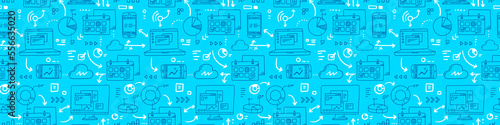 Vector business illustration of technology and service on blue color background. Flat line art design of laptop, calendar, cloud, phone and chart