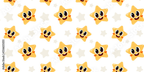 Vector child seamless pattern with smile yellow star on white color background. Flat style design of illustration with happy little star character with eye