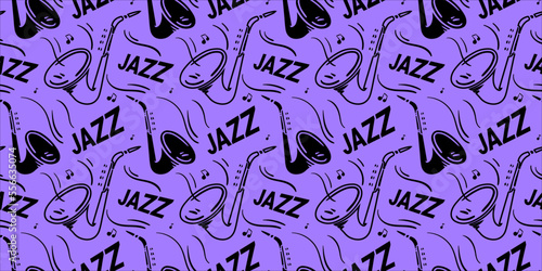 Vector jazz music illustration with saxophone on purple color background. Flat line art design of seamless pattern with saxophone and word