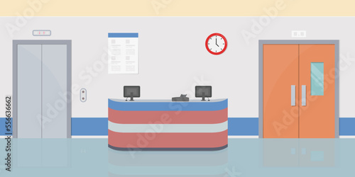 Hospital reception hall with desk and elevator vector illustration