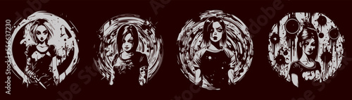 Psychedelic Horror Sketch gothic girl  and dripp watercolor. Isolated in red blood, vector illustration. 