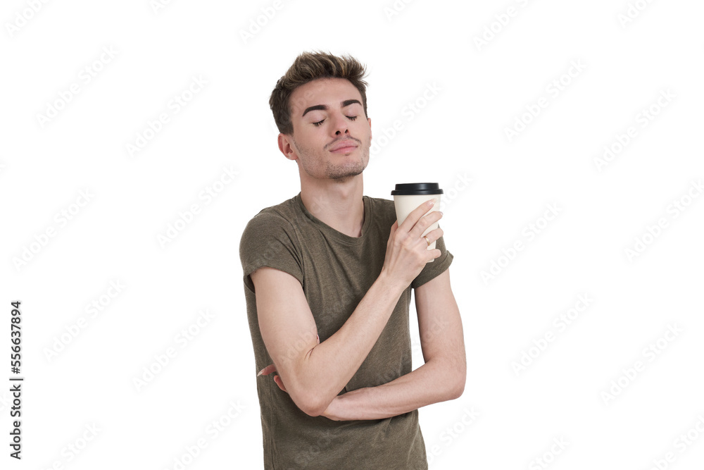 Young caucasian man enjoying a cup of coffee, isolated over white background. Young caucasian man enjoying a cup of coffee, isolated over white background.