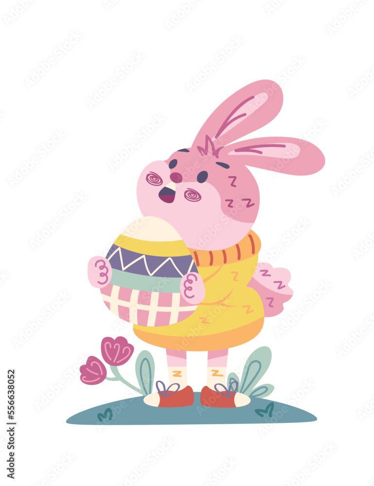 Obraz premium Easter Bunny Brings Egg Basket - Hand Drawn - Easter Animal