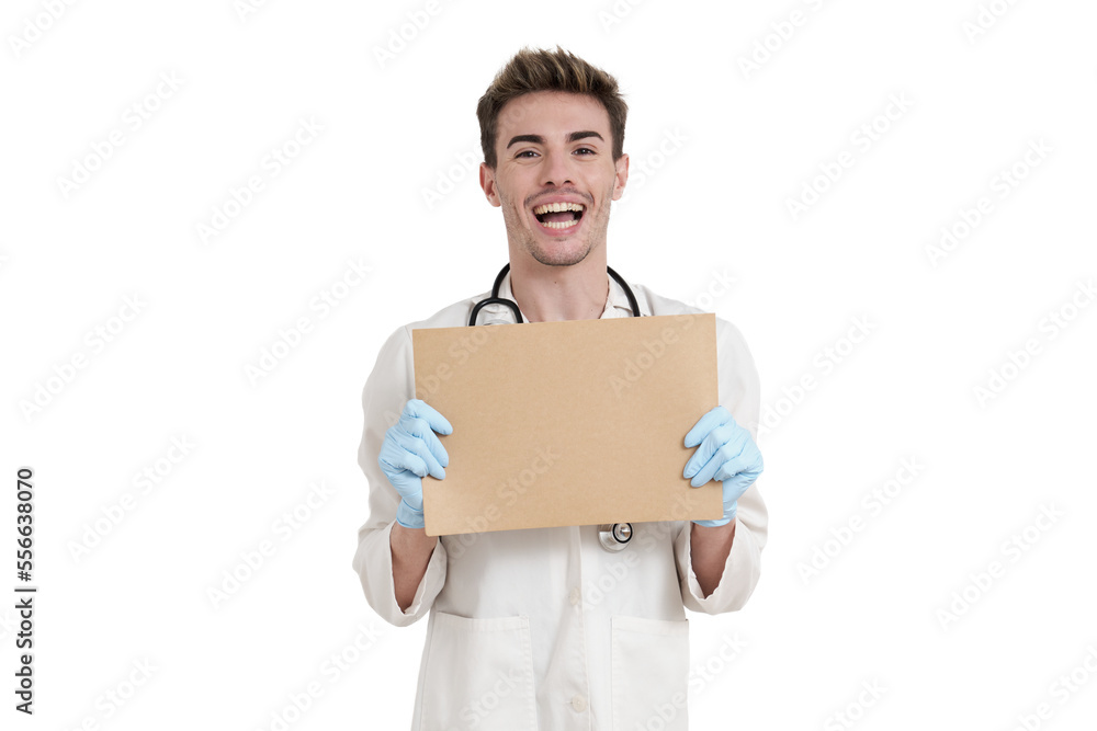 Young caucasian male happy doctor hold a board. Isolated over white background. Young caucasian male happy doctor hold a board. Isolated over white background.