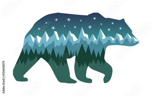 Bear with mountains, glaciers, wood and starry night sky. Nature landscape inside bear silhouette. Camping, hiking, adventure concept. Environmental conservation. Vector illustration, flat, clip art.