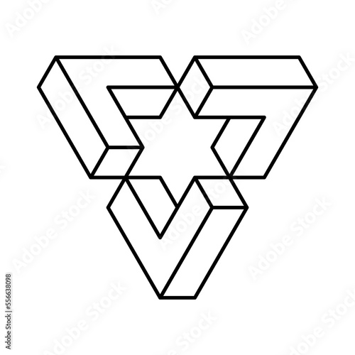 Impossible linear triangle. Penrose shape. Esher geometric object. Optical illusion visual effect. Logo template made of three symmetric parts with star in the middle. Vector illustration, 3D, clip ar