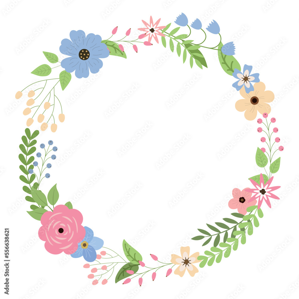 Spring floral wreath with cute flowers, leaves, and berries. Design for holiday greetings, invitations card. Isolated on white background.